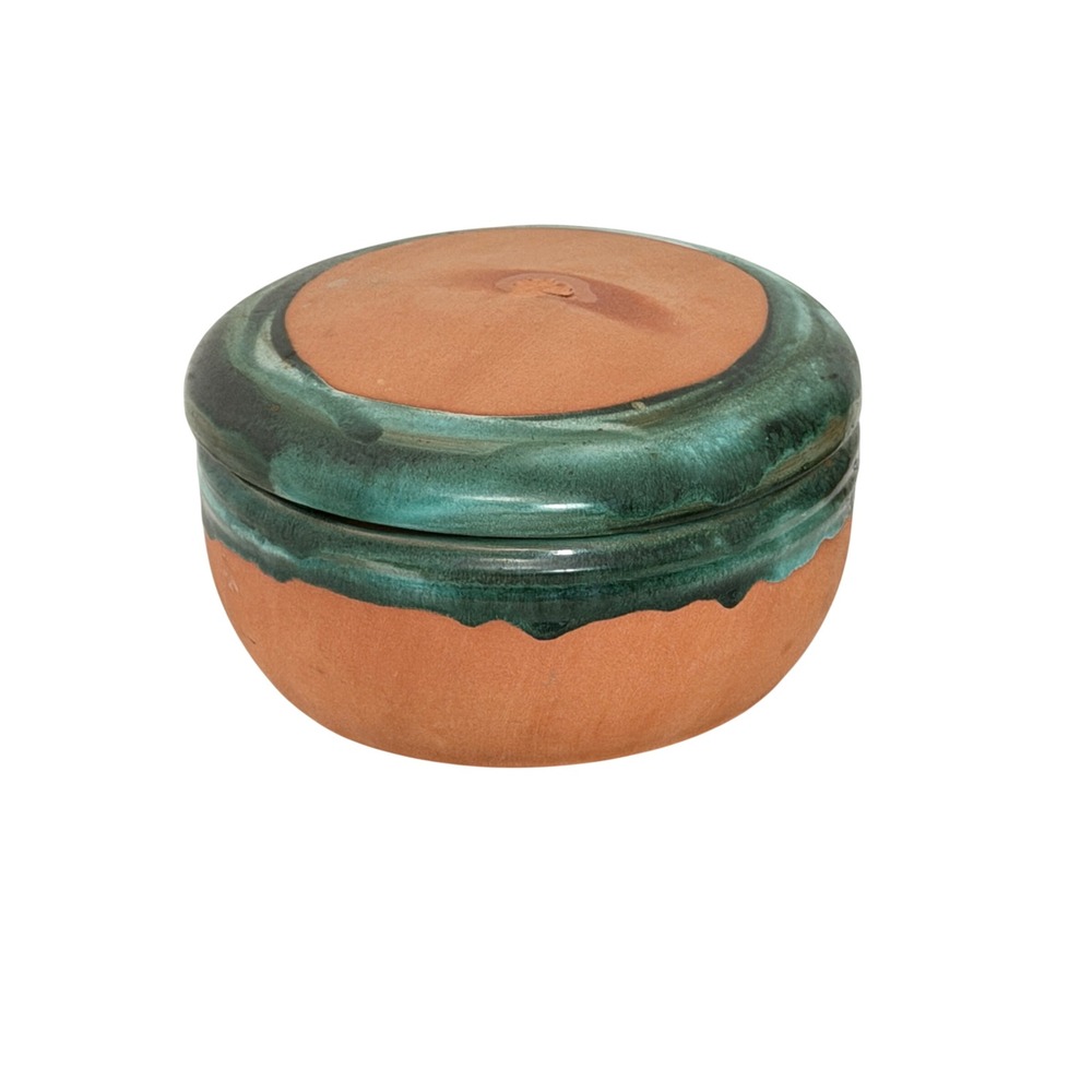 AL USA Terracotta Lidded Serving Dish Teal Green Drip Glaze Pottery Vintage